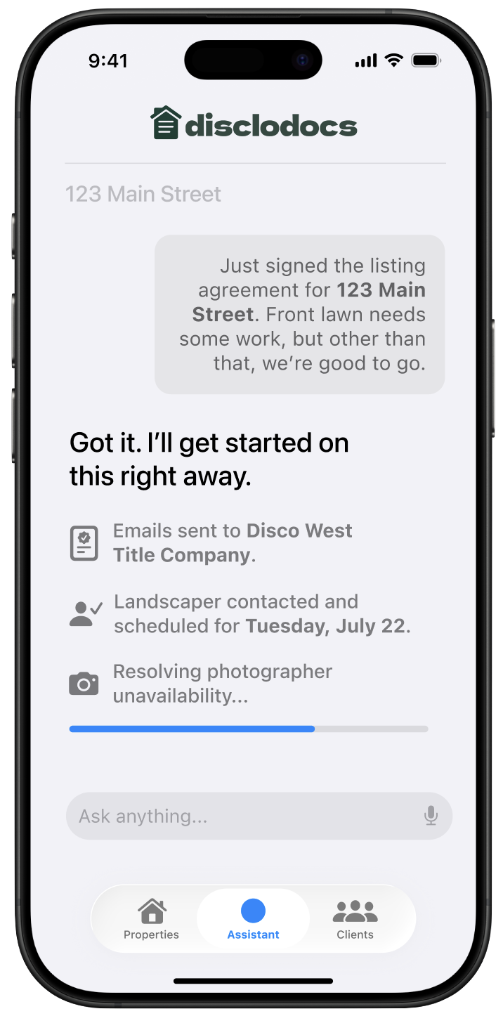 Disclodocs mobile assistant coordinating title, landscaping, and photography tasks for a listing